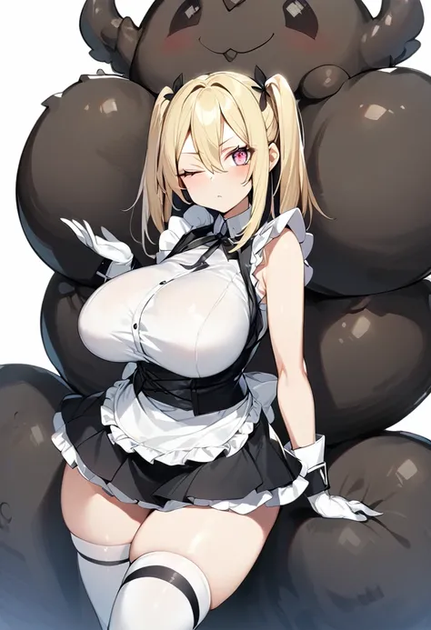 (One girl)、(medium length hair)、(sidelock)、((Blonde))、(slan eyes)、（boyish）、Beauty、(Big super breasts)、((Chubby))、Maid、No sleeve、mini skirt、White sleeveless、thigh-high socks thighhighs、(long gloves)、hairs between eyes、(coarse hair)、[flipped hair]、pink eye、e...