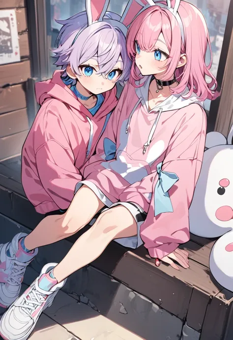 pink hair, boy, teen, rabbit ears, pink hoodie, blue eyes, choker, white shoes