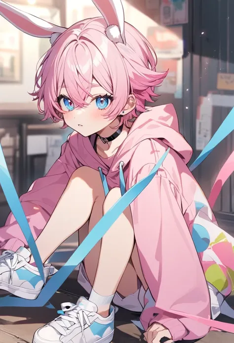 pink hair, boy, teen, rabbit ears, pink hoodie, blue eyes, choker, white shoes