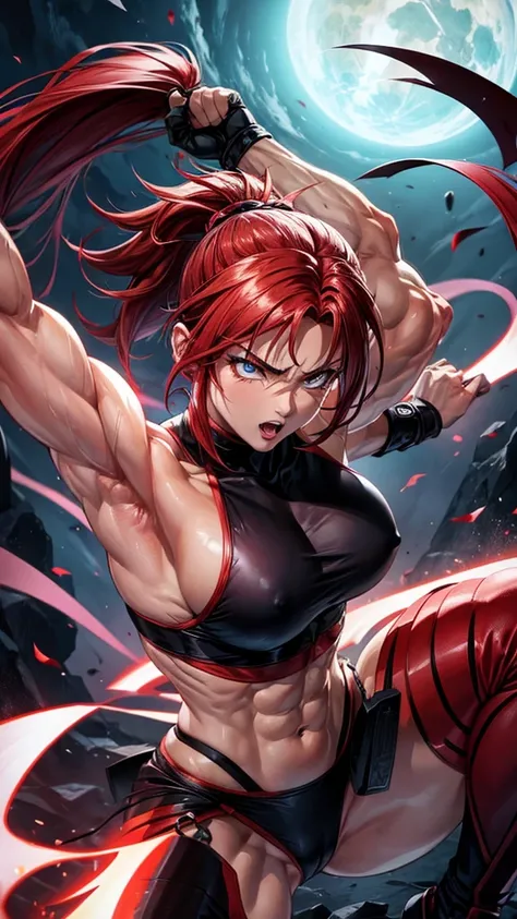 A muscular, macho female ninja is venting her spirit against a red lightning aura