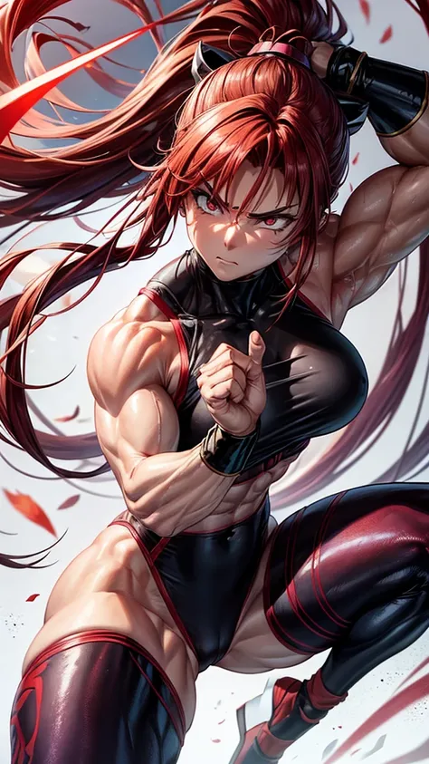 A muscular, macho female ninja is venting her spirit against a red lightning aura