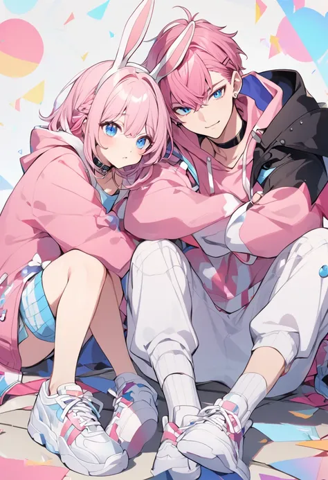 pink hair, boy, teen, rabbit ears, pink hoodie, blue eyes, choker, white shoes