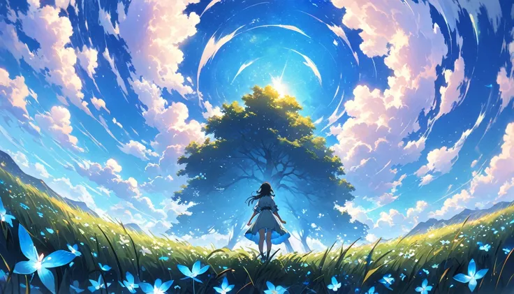 High resolution, Highest quality, Very detailed, Makoto Shinkai, Vast landscape photography , (View from below，Shows the sky above and below), A girl standing in a flower field looking up, Treebreak Production Art, (Daytime sky:1.2), (Firefly:1.2), grassla...