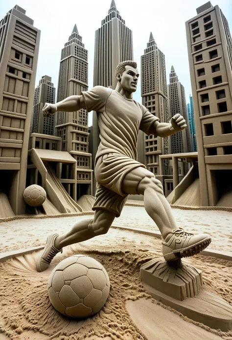 sand sculpture style,  hero kicking a soccer ball on the football field，color，high-rise buildings，a strong sense of déjà vu