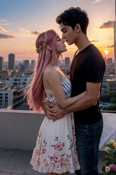 The image depicts an anime-style illustration of a romantic scene between two characters. They are standing close to each other on a rooftop with a cityscape in the background during sunset. The character on the left has long pink hair adorned with flowers...