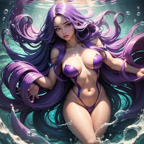 Frontal portrait of an extravagant and colorful woman who resembles a mermaid. Perfect body,Big breasts, Dark black skin, young features, wide open eyes. Front view, Vibrant, gravity-defying hair in shades of purple, blue and orange. Her hair transforms in...