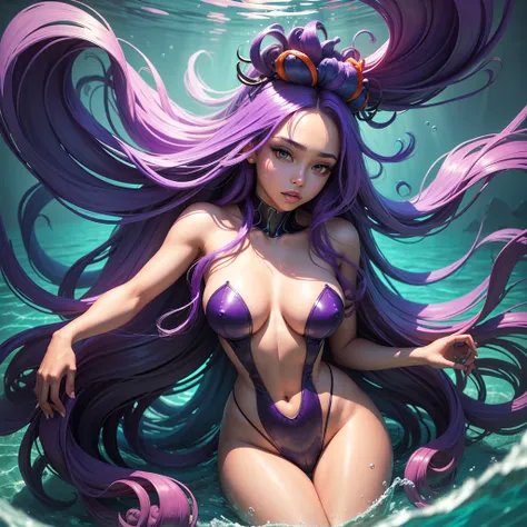 Frontal portrait of an extravagant and colorful woman who resembles a mermaid. Perfect body,Big breasts, Dark black skin, young features, wide open eyes. Front view, Vibrant, gravity-defying hair in shades of purple, blue and orange. Her hair transforms in...