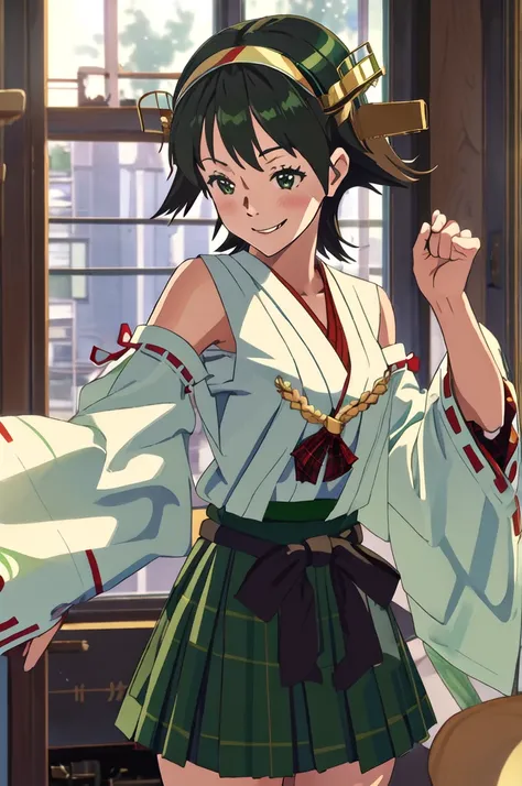 Highest quality, masterpiece, High resolution, alone, (Hiei Kaisan_Fleet Collection), オレンジ色hair, hairband, headgear, Non-traditional_Shrine maiden, smile, green_eye, Inverted up_hair, smile, One Girl, dependent_sleeve, green_skirt, Plaid, Plaid_skirt, ribb...