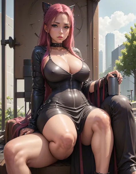 (Best quality,4K,8K,A high resolution,Masterpiece:1.2),Ultra-detailed,(Realistic,Photorealistic,photo-realistic:1.37),Cyberpunk Girl,The center of the picture, sitting mightily，Mechanical,Metallic, wearing a goddess outfit, Futuristic city landscape,Pink h...