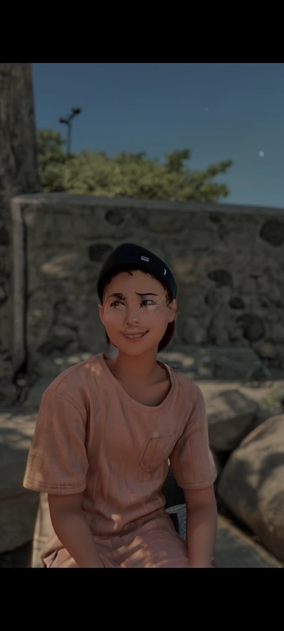 Um entregador animado, vestido de uniforme amarelo, sitting confidently on the edge of a sidewalk, head covered by a hat. The right hand holds a package tightly, while the left presents an expression full of joy. The solitary environment is illuminated by ...