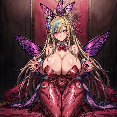 Casino Bunny Girl Drawing, Roulette and baccarat are held、Extraordinary beauty, Elegant beauty, god々A beautiful fairy, ((Anatomically correct: 1.5)) Spreading butterfly wings, Blue and purple feathers, Pink Eyes, Glowing Eyes, (Super detailed face: 1.2), T...