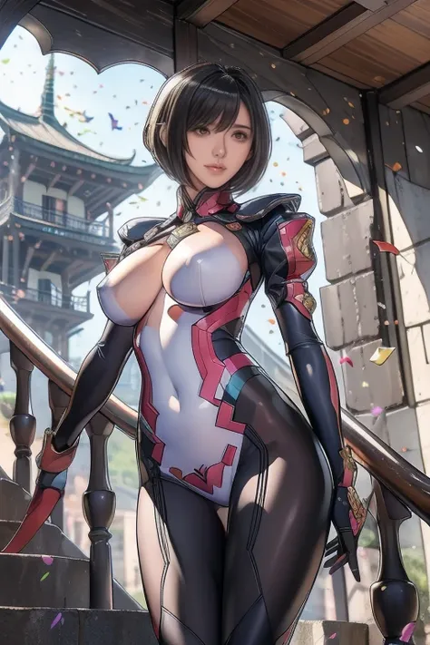 Highest quality, Official Art, masterpiece, Fabric Shading, High resolution, Very detailed, colorful, Best details, Fantasy, Combat Uniform:1.5, 1 female, Age 25, Black Hair, short hair, Up Bang Hair, One Length, Standing on the stairs, A castle town with ...