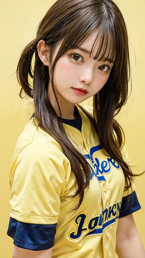 (8k, masterpiece, highest quality),girl１name、baseball、support、yellow clothes、Simple yellow background、head shot