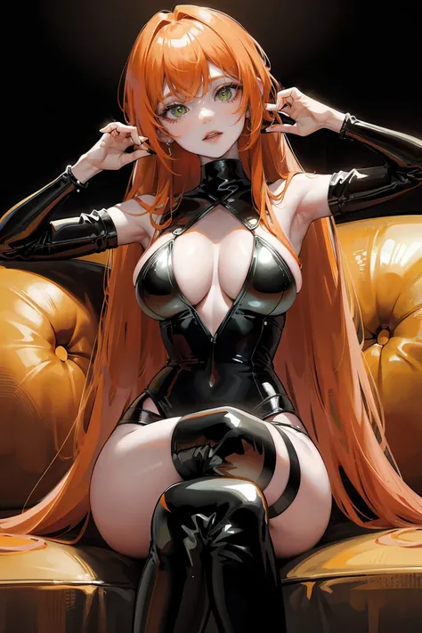 long orange hair, green eyes, black latex, large cleavage, pale skin, looking from below, sitting, crossed legs