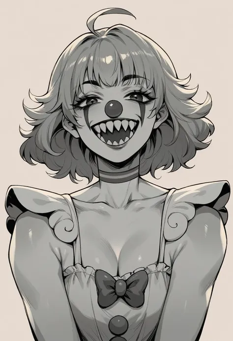 Clown girl, sharp teeth, smiling