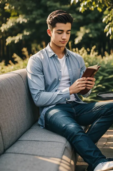 A young man is reading a book while holding a cup of coffee in a peaceful place