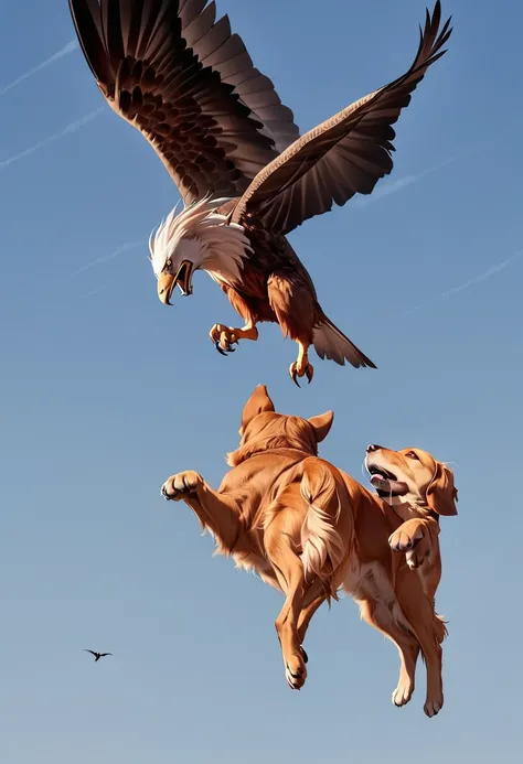 there is a bird flying over the dog, eagle eats snakes, flying giant animals, hot photos, intense combat, flying mythical beasts...