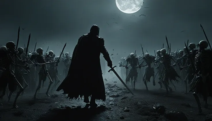 a man wielding a glowing sword rushes towards a army-sized horde of robed skeletons that surround him on all sides, noir, horror...