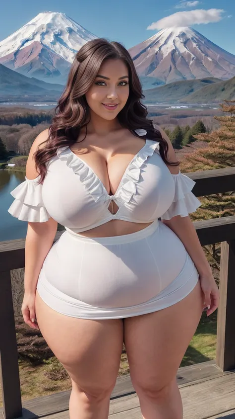 gorgeous curvy plus size actress kelly johana, glowing eyes, wearing SHEIN Vintaside Kids Young Girl Ruffle Trim Cold Shoulder Belted Dress

Color: White
 , covered Bust, parted lips, blushing cheeks, thick thighs, bigger waist, busty, curvy plus size body...