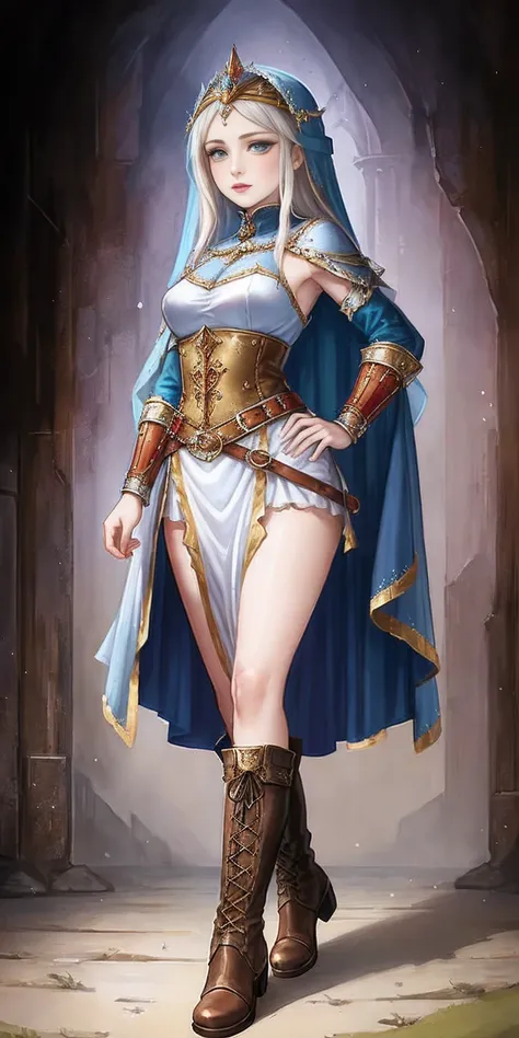 full body of a woman in a dress with a veil, feet together, standing feet together, military boots, beautiful fantasy maiden slave warrior, beautiful fantasy art portrait, fantasy victorian art, medieval fantasy art, beautiful and elegant queen, portrait o...