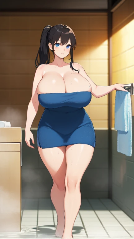 ((Highest quality)), ((masterpiece)), (detailed), 
((huge breasts))
((Very thick thighs))
((Very fleshy young woman))
(Tall)
(cleavage)
Black ponytail hair
Blue eyes 
Standing
(((bath towel only)))
(((Shoot from front)))
(((photograph the whole body)))
Jap...