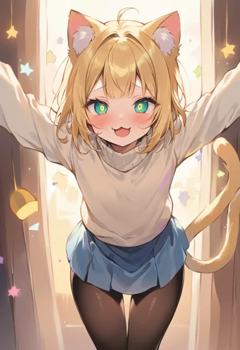 (masterpiece, Highest quality:1.2), neco-arc, Sex，girl, Animal ears, alone, Cat ear, skirt, tail, reis eyes, blonise hair, elongated pupils, pantyhose, Open your mouth, :3, cat tail, View your viewers, black pantyhose, blue skirt, smile, bangs, Little, Ant...