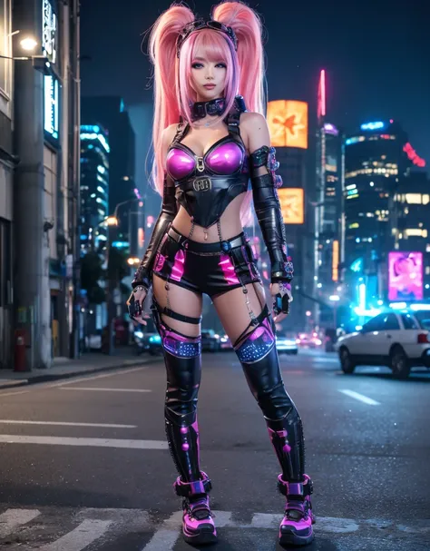 (Best quality,4K,8K,A high resolution,Masterpiece:1.2),Ultra-detailed,(Realistic,Photorealistic,photo-realistic:1.37),Cyberpunk Girl, wearing a holographic goddess outfit, Futuristic cyberpunk city landscape, Pink hair, night time ,mysterious, Vibrant colo...