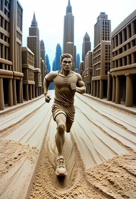 Sand sculpture style,  Hero running on the road，color，High-rise buildings，A strong sense of déjà vu