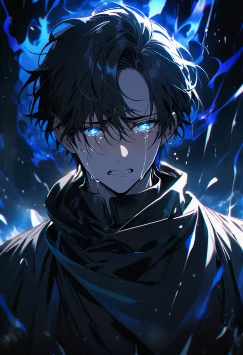 Man, handsome, short hair, crying, black jacket, blue aura, blue eyes, glowing eyes, black hair