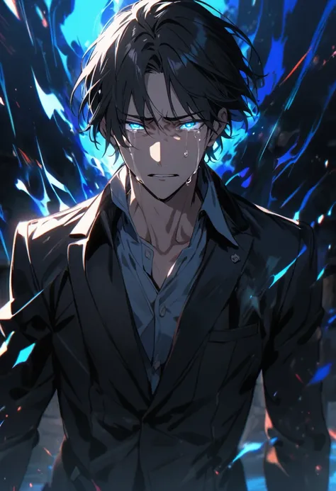 Man, handsome, short hair, crying, black jacket, blue aura, blue eyes, glowing eyes, black hair