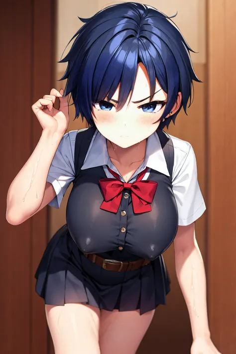 tomboy,blue-hair,short-hair,big-breast,school-uniform,tomboy,short-hair,18years-old,gang,earring,belt,super-big-breast,tsurime,half-closed-eye,black-under-eye,angry,hale-closed-eyes,all-body,whole body,all-body、all-body,wet-body,pussy,nipple