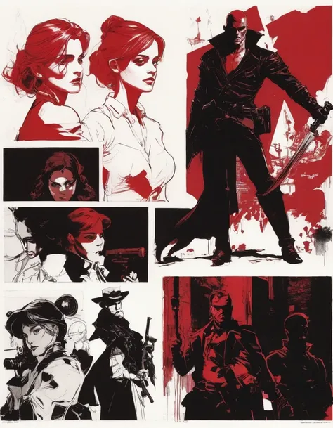 Mike Mignola,  (high contrast , Character Design Sheet, but very beautiful:1.4), (complex parts, masterpiece, Best quality:1.4),
poster style, professional, modern, attractive, very detailed, dark palette,  I look at the viewer, dark red shade, Emma Watson...