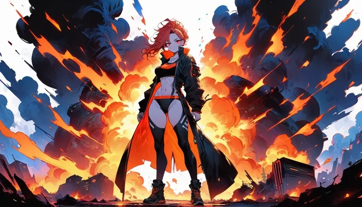 (masterpiece, Highest quality), (Perfect athletic body:1.2), (Detailed Hair), Very detailed, Anime Style, alone, whole body, Cyberpunk Fire Starter Girl, Redhead, Red Eye, Wearing a cyberpunk-style short top and long coat, Flaming fist, high boots, Digital...