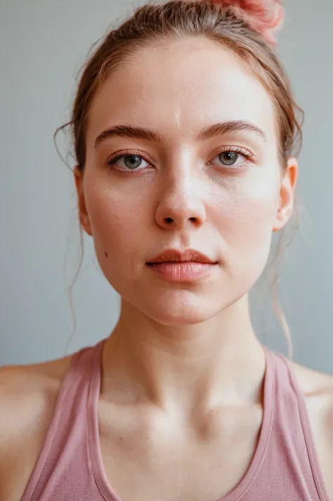 Create a close-up image, which shows an 18-year-old girl with rainbow-colored hair and a sweaty face., look seductively and directly into the camera, wear revealing pink sportswear, Maybe, after a strenuous workout or sport.