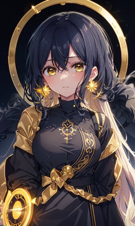 masterpiece, best quality, Cinematic, Fancy effects, 1girl, Intricate details, shiny hair, shiny skin, detailed eye, hd eye, :|, beautiful eye, big eyes, gothic, big breasts, black hair, medium hair, yellow eyes, glowing eyes, baby face, goth, black casual...