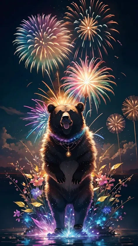 Rainbow colorsの子Bear、Bear、Bear、子Bear、Bear、子Bearたちに囲まれて、Mysterious Landscape、firework、firework大会、Rainbow colorsのfireworkが打ちあがっている瞬間、夜nullとともに、幻想的な海景色で壮大なfirework、future都市、Highest quality、masterpiece, (Diffuse reflection of light:1.2), When the fantastic rai...