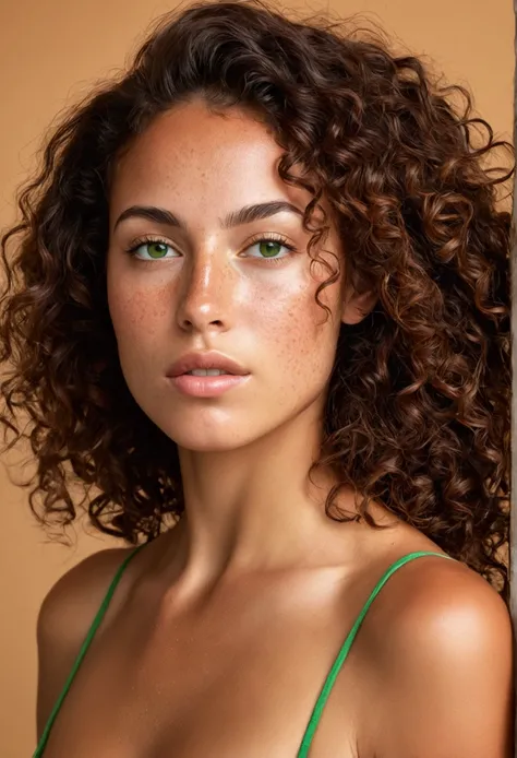 woman of latin origin has tanned skin , corps sexy , curly brunette hair , green eyes ,freckle, acne