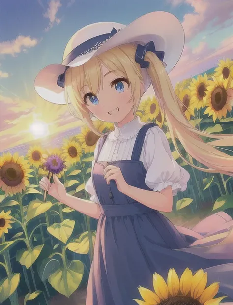 cute ,,alone,wind,light blonde hair, blue eyes,very long twin tails,white hat,blue null,smile,double teeth,,lens flare,dramatic,...