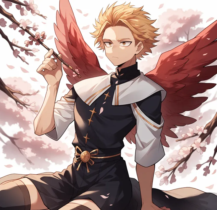 [1], alone, short stature, blonde gay boy, submissive, slicked back hair, two front strands that stick out, gold eyes, red wings...