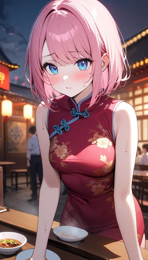 (1 girl),(Best Picture Quality, 8K, Masterpiece:1.3), (high school student:1.5), ((pink lob hair:1.1)), (bob cut),(swept bangs), (cute eyes, pupil black, iris skyblue, youthful face), (mole under right eye), (standard weight), (small breasts), (glistening ...