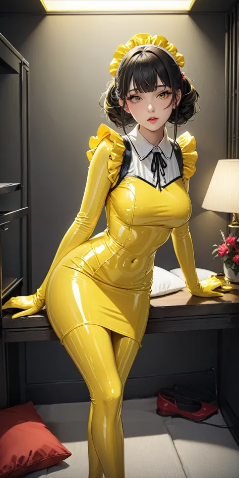 Portraiture、(masterpiece,Highest quality,Ultra-high resolution),Japanese women, (((Very beautiful 25 year old girl))),(Bright yellow latex maid outfit)、((Bright yellow latex long skirt))、(Bright yellow long sleeve latex shirt)、Bright yellow latex gloves、Br...