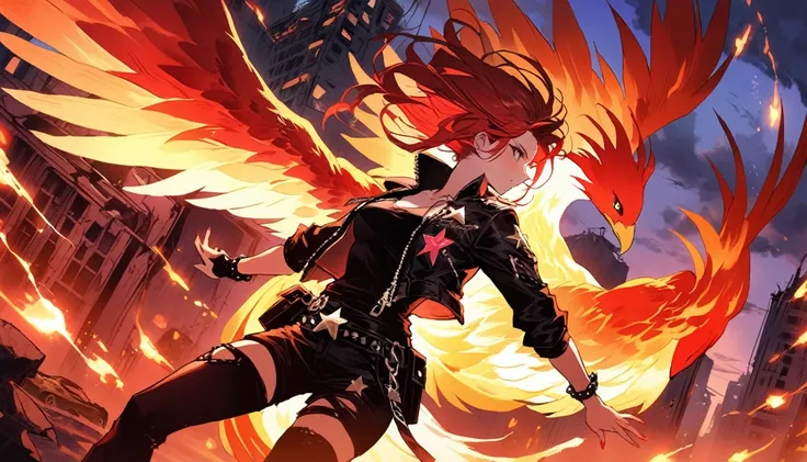 1 beautiful woman with long red hair, Rockstar Clothes, Burning sky and a big flying phoenix, An abandoned city can be seen in the background., Light from a flame, Very high resolution, Very high resolution, Dynamic configuration, Intricate details, Cinema...