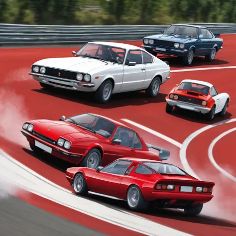 in road car races, an old European passenger car (with red color) overtakes all modern sports cars (with white color)