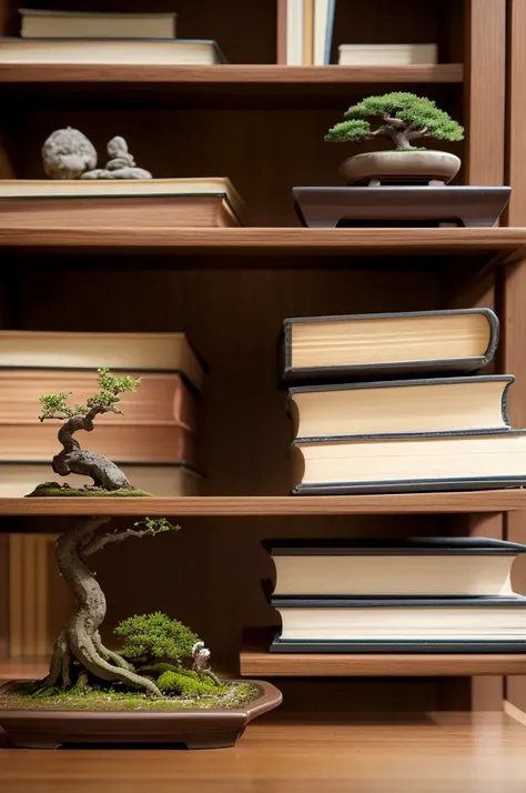 2 books stacked next to a mini bonsai, both on top of a wooden table with the blurred background of a small bookcase. 