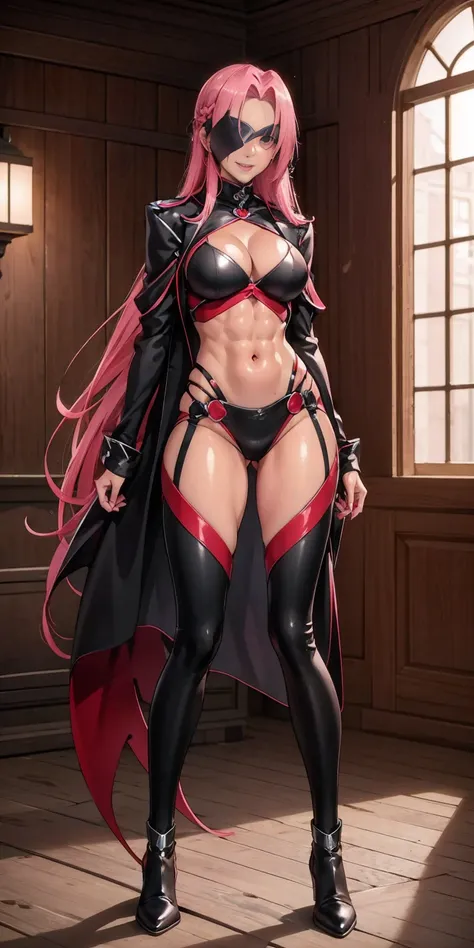 (masterpiece, HI quality: 1.1) 1girl full body standing good face, nice ass, hairstyle: braid, Color Hair: PINK long hair, Blindfolded: NO EYES, Skin: White (porcelain skin, sparkly skin), muscular, thighs, Mature woman, Abs, looks at the viewer smiling, e...