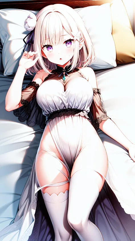 1girl, Emilia, large breasts, EmiNightGown, drunk_nightgown_outfit, purple_nightgown, blush, lying, solo_focus, looking_at_viewer, white pantyhose, thighhighs, :o, bed_sheet