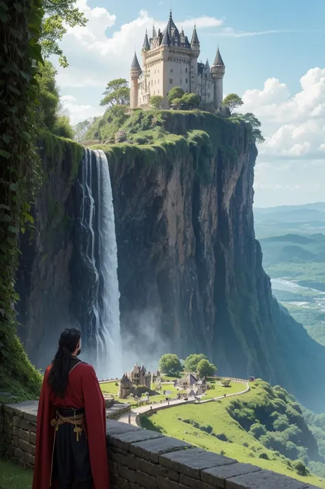 Castles on the horizon with a waterfall next to them and a man looking from afar 