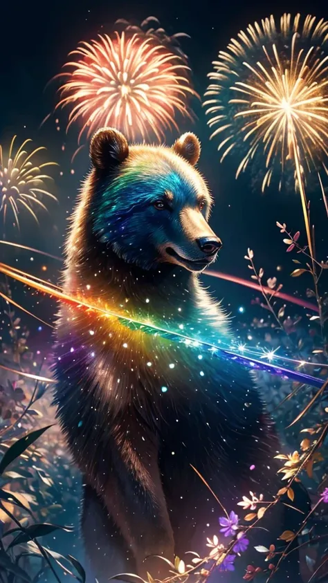 Rainbow colorsの子Bear、Bear、親子Bear、子Bear、Bear、子Bearたちに囲まれて、Mysterious Landscape、firework、firework大会、Rainbow colorsのfireworkが打ちあがっている瞬間、夜nullとともに、幻想的な海景色で壮大なfirework、future都市、Highest quality、masterpiece, (Diffuse reflection of light:1.2), When the fantastic r...