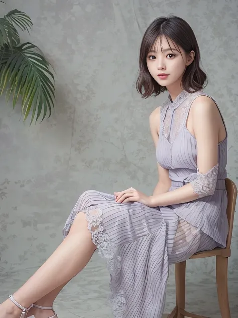 Photo-realistic quality、20-year-old Japanese idol sitting on a white chair wearing a pale gray-purple lace mini dress, Full body photo、Overall view、Sheer silk mini dress, From toe to head、Cute and elegant pose, Japanese female fashion model, A stunningly e...