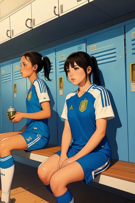 group of girls, in locker room, soccer uniform, fullbody shot, sitting on benches, sweaty